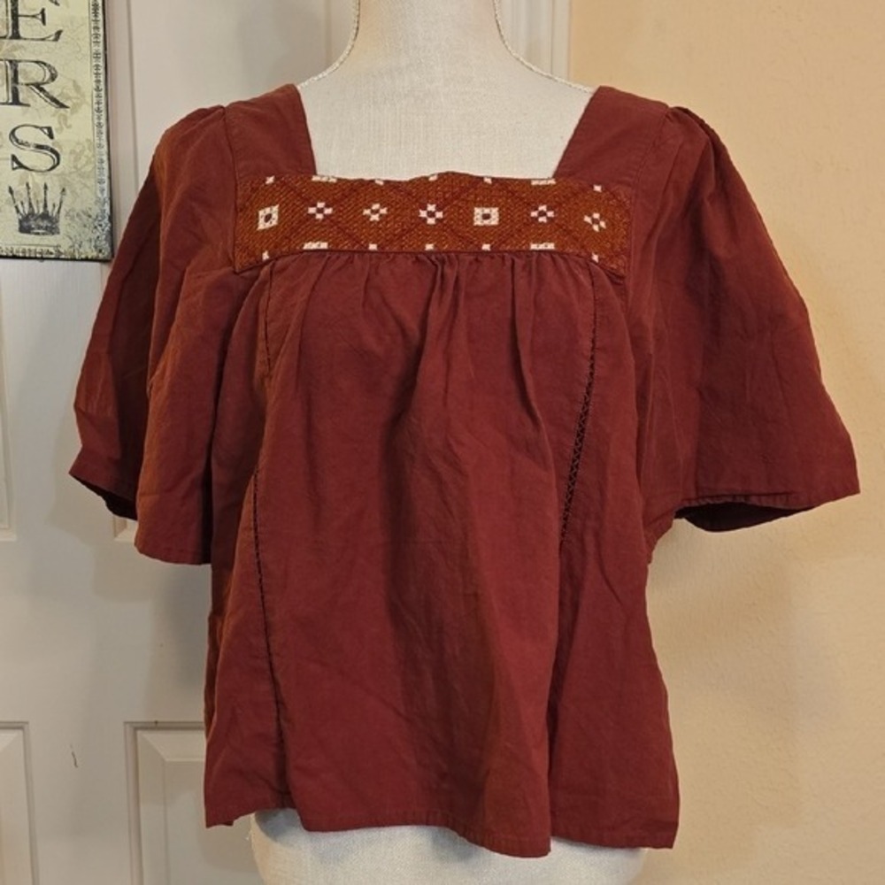 Madewell Embroidered Peasant Top M Rust Boho Square Neck Blouse - Picture 3 of 8